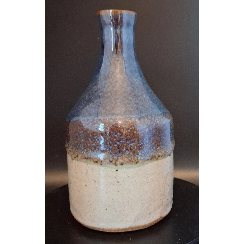 Signed Studio Pottery Vase Blue Beige Two Tone Glazed Bottle 7 Inch